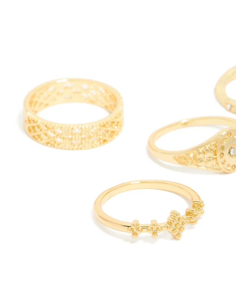 Gold Plated Diamante Gothic & Star Rings 5-Pack