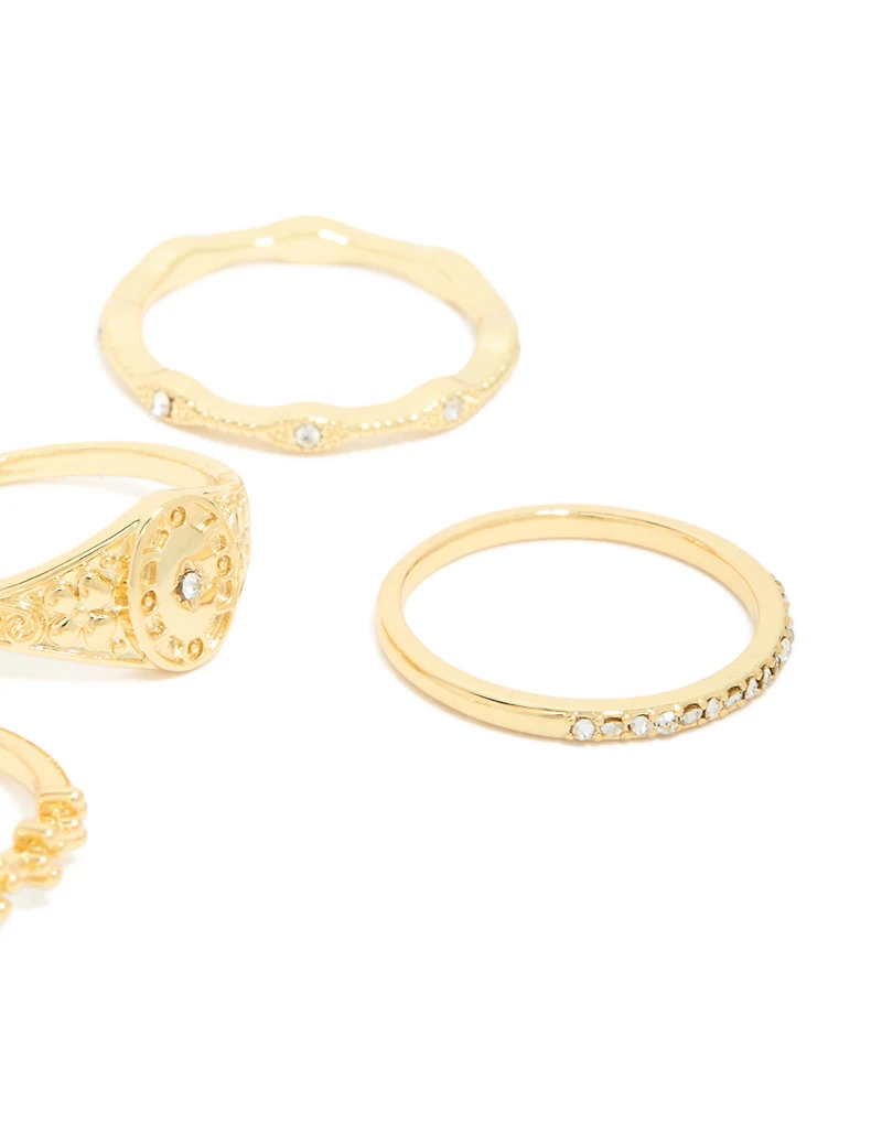 Gold Plated Diamante Gothic & Star Rings 5-Pack