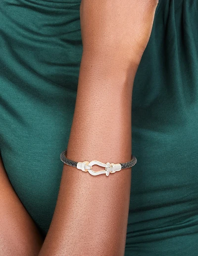 Waterproof Stainless Steel Black PU Leather Braided Chunky Link Bracelet