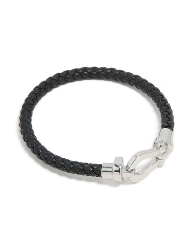 Waterproof Stainless Steel Black PU Leather Braided Chunky Link Bracelet