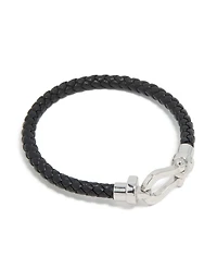 Waterproof Stainless Steel Black PU Leather Braided Chunky Link Bracelet