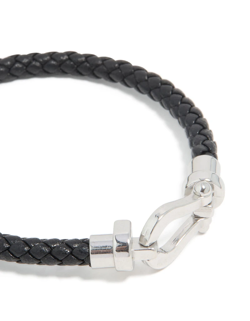 Waterproof Stainless Steel Black PU Leather Braided Chunky Link Bracelet