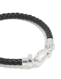 Waterproof Stainless Steel Black PU Leather Braided Chunky Link Bracelet