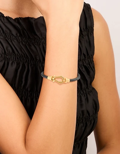 Waterproof Gold Plated Stainless Steel Black PU Leather Braided Chunky Link Bracelet