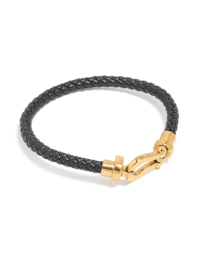 Waterproof Gold Plated Stainless Steel Black PU Leather Braided Chunky Link Bracelet