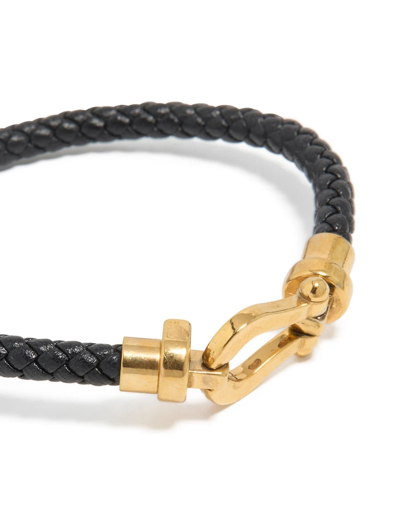 Waterproof Gold Plated Stainless Steel Black PU Leather Braided Chunky Link Bracelet