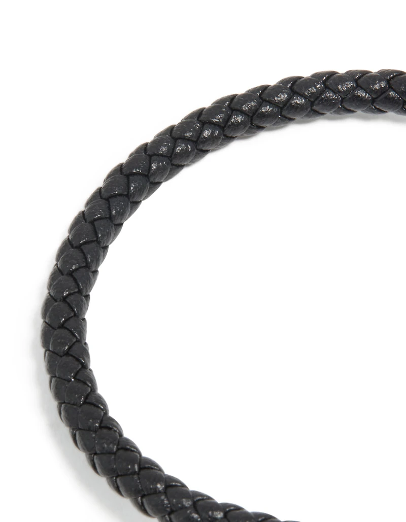 Waterproof Gold Plated Stainless Steel Black PU Leather Braided Chunky Link Bracelet