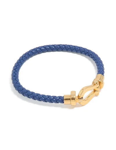 Waterproof Gold Plated Stainless Steel Blue PU Leather Braided Chunky Link Bracelet