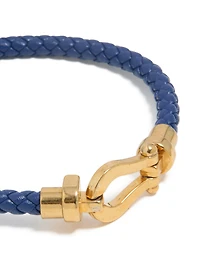 Waterproof Gold Plated Stainless Steel Blue PU Leather Braided Chunky Link Bracelet