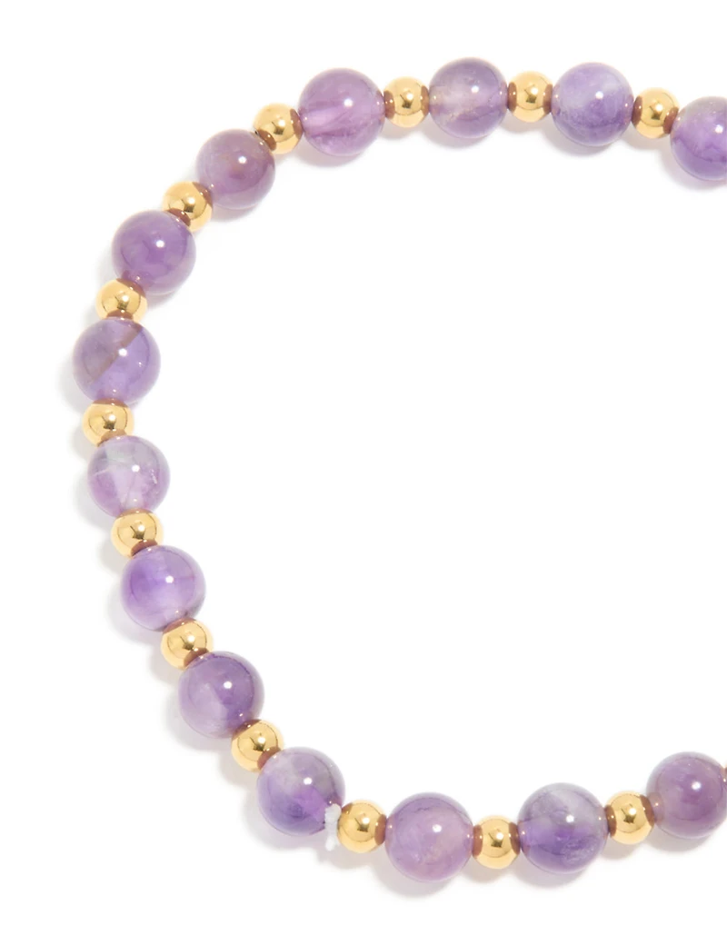 Waterproof Gold Plated Stainless Steel Amethyst Semi Precious Stone Beaded Stretch Bracelet