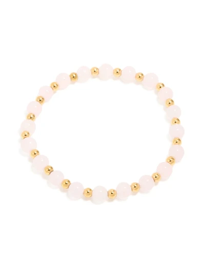 Waterproof Gold Plated Stainless Steel Rose Quartz Beaded Stretch Bracelet