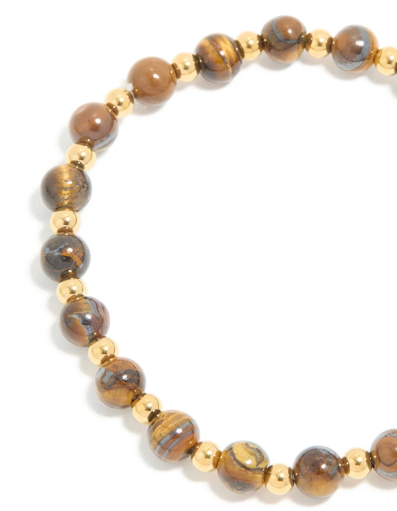 Waterproof Gold Plated Stainless Steel Tiger's Eye Semi Precious Stone Beaded Stretch Bracelet