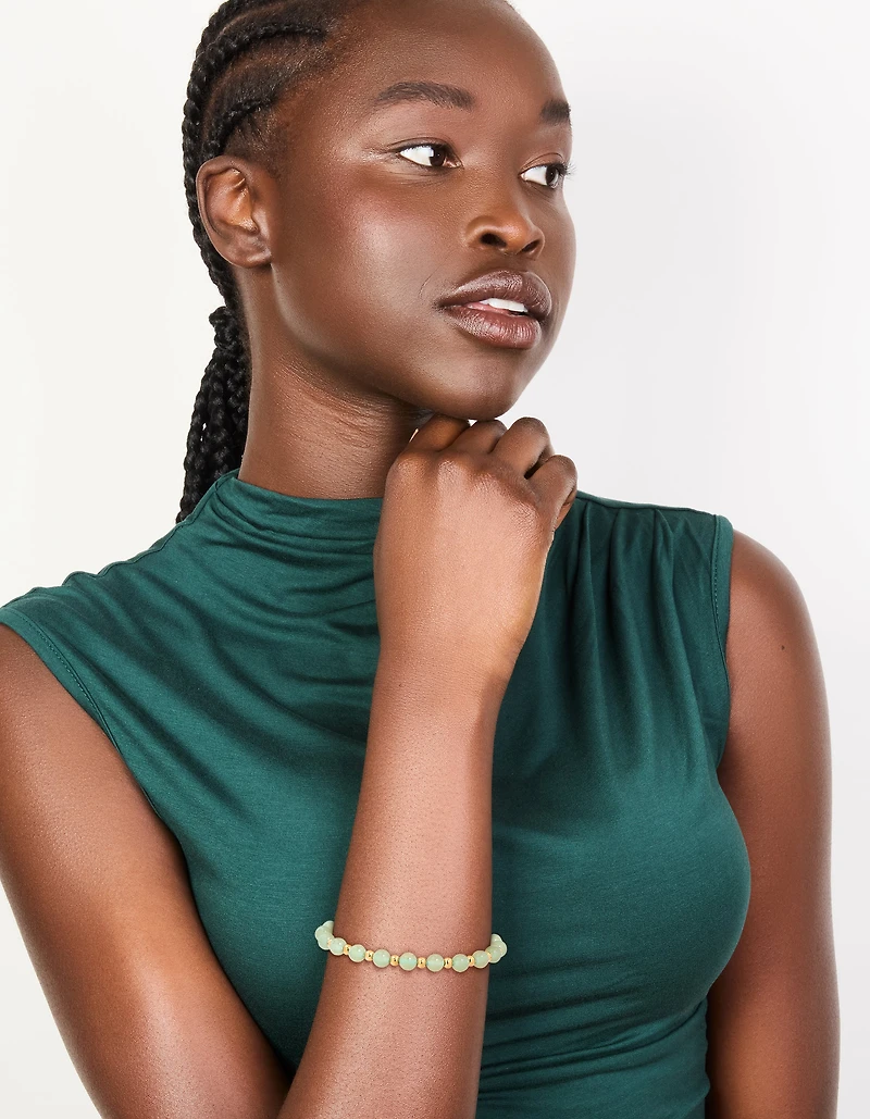 Waterproof Gold Plated Stainless Steel Green Beaded Stretch Bracelet