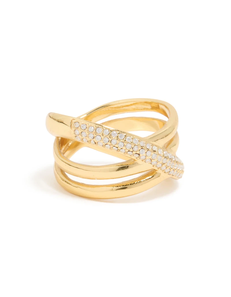 Waterproof Gold Plated Stainless Steel Cubic Zirconia Criss Cross Pave Ring