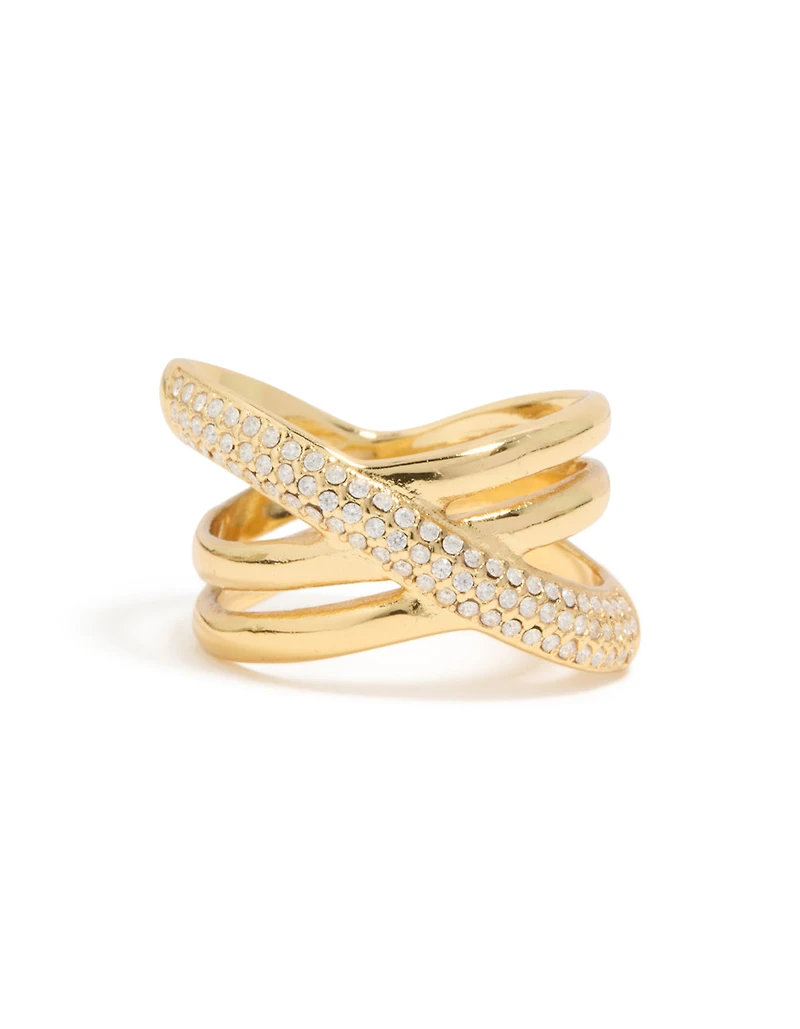 Waterproof Gold Plated Stainless Steel Cubic Zirconia Criss Cross Pave Ring
