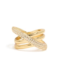 Waterproof Gold Plated Stainless Steel Cubic Zirconia Criss Cross Pave Ring