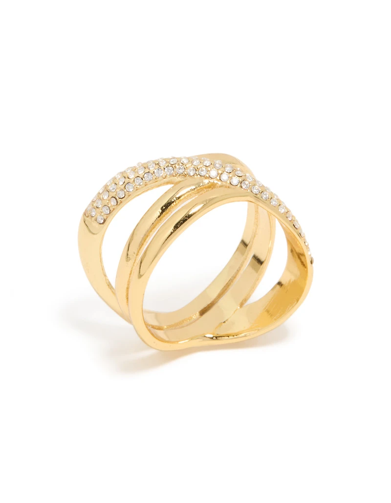 Waterproof Gold Plated Stainless Steel Cubic Zirconia Criss Cross Pave Ring