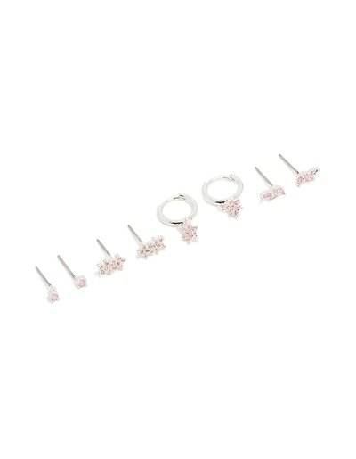 Silver Plated Brass Pink Cubic Zirconia Flower Stud & Hoop Earrings 4-Pack