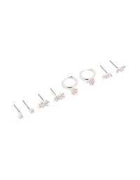 Silver Plated Brass Pink Cubic Zirconia Flower Stud & Hoop Earrings 4-Pack