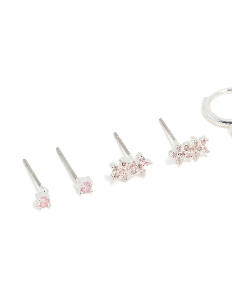 Silver Plated Brass Pink Cubic Zirconia Flower Stud & Hoop Earrings 4-Pack