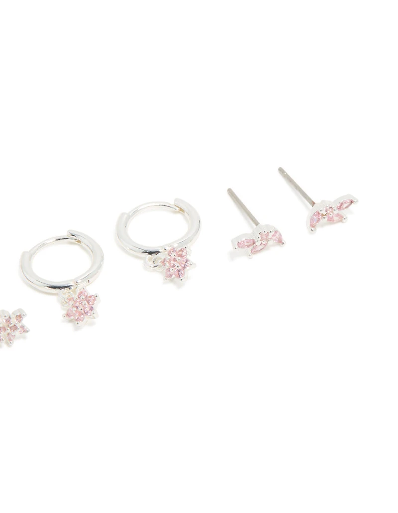 Silver Plated Brass Pink Cubic Zirconia Flower Stud & Hoop Earrings 4-Pack