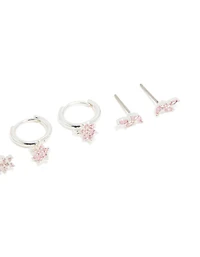 Silver Plated Brass Pink Cubic Zirconia Flower Stud & Hoop Earrings 4-Pack
