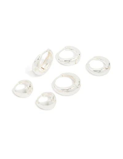 Silver Plated Classic Chunky Multi Sized Huggie Earrings 3-Pack