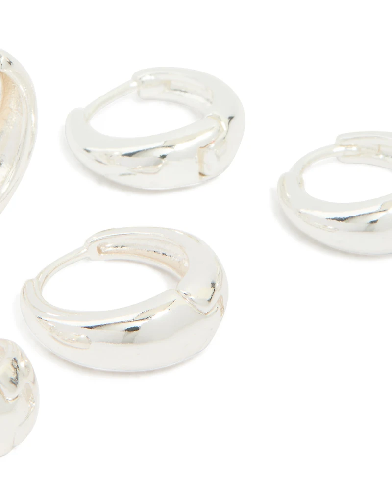 Silver Plated Classic Chunky Multi Sized Huggie Earrings 3-Pack