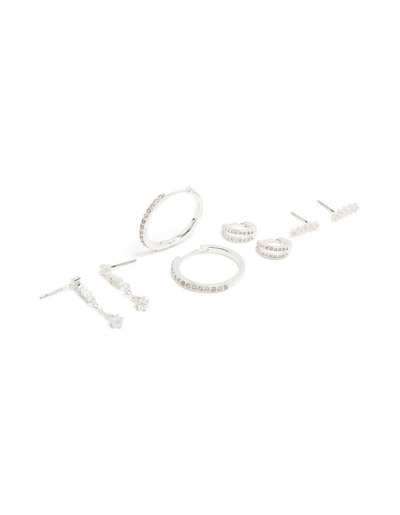 Silver Plated Brass Cubic Zirconia Large Hoop & Cuff Earrings 4-Pack