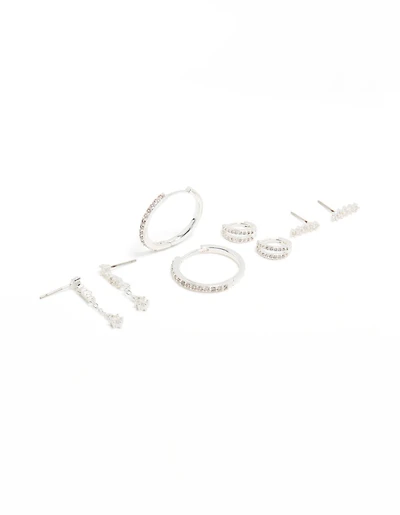 Silver Plated Brass Cubic Zirconia Large Hoop & Cuff Earrings 4-Pack