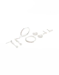 Silver Plated Brass Cubic Zirconia Large Hoop & Cuff Earrings 4-Pack