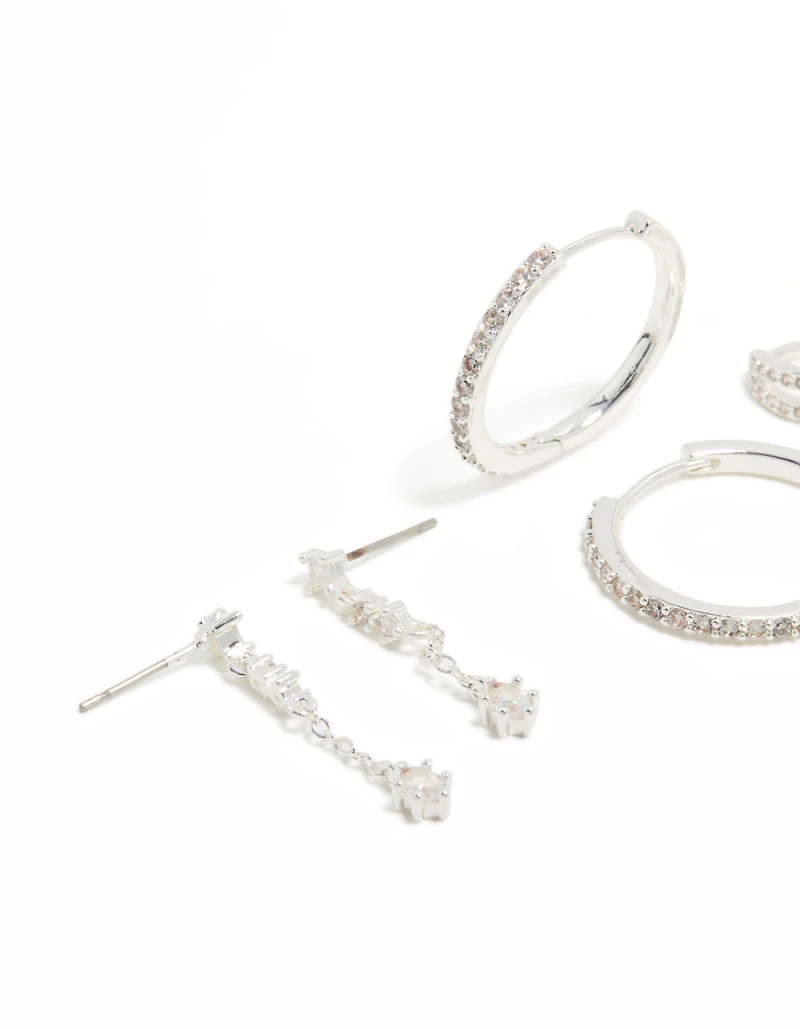 Silver Plated Brass Cubic Zirconia Large Hoop & Cuff Earrings 4-Pack