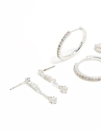 Silver Plated Brass Cubic Zirconia Large Hoop & Cuff Earrings 4-Pack