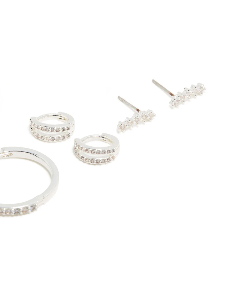 Silver Plated Brass Cubic Zirconia Large Hoop & Cuff Earrings 4-Pack