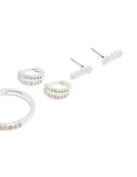 Silver Plated Brass Cubic Zirconia Large Hoop & Cuff Earrings 4-Pack
