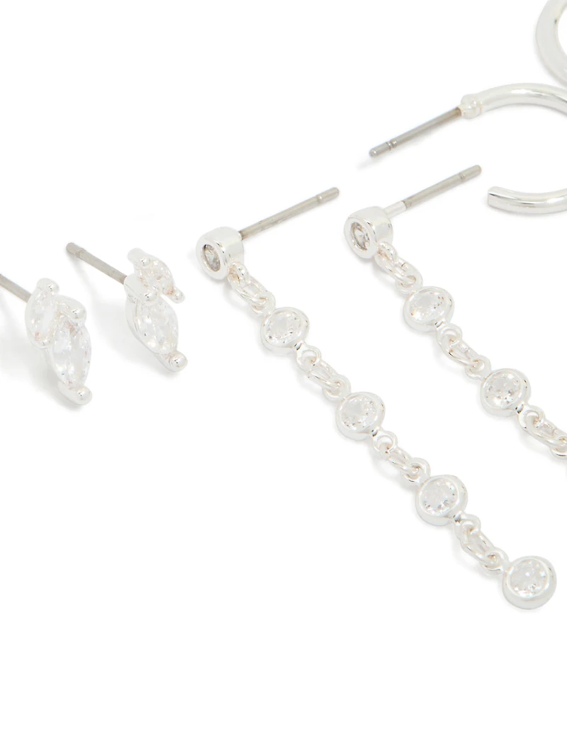 Silver Plated Brass Cubic Zirconia Circle Chain & Stud Earrings 4-Pack