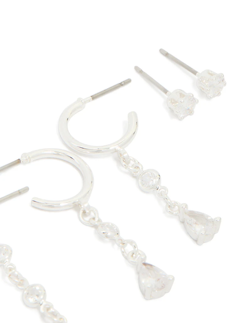 Silver Plated Brass Cubic Zirconia Circle Chain & Stud Earrings 4-Pack