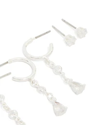 Silver Plated Brass Cubic Zirconia Circle Chain & Stud Earrings 4-Pack