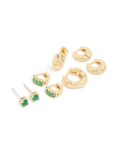 Gold Plated Brass Emerald Cubic Zirconia Huggie & Stud Earrings 4-Pack