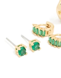 Gold Plated Brass Emerald Cubic Zirconia Huggie & Stud Earrings 4-Pack