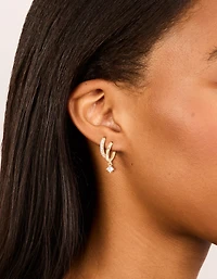 Gold Plated Brass Cubic Zirconia & Smooth Huggie Earrings 2-Pack