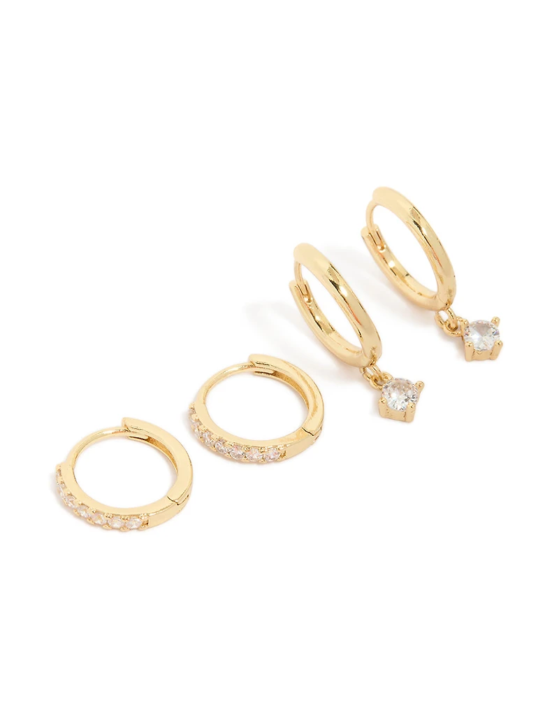 Gold Plated Brass Cubic Zirconia & Smooth Huggie Earrings 2-Pack