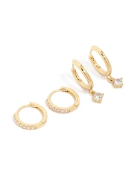 Gold Plated Brass Cubic Zirconia & Smooth Huggie Earrings 2-Pack