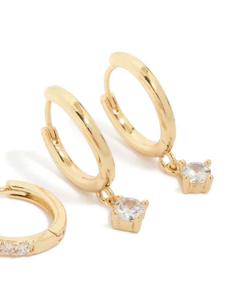 Gold Plated Brass Cubic Zirconia & Smooth Huggie Earrings 2-Pack
