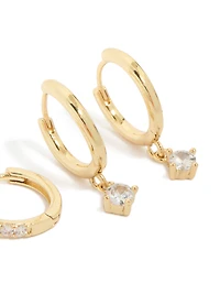Gold Plated Brass Cubic Zirconia & Smooth Huggie Earrings 2-Pack