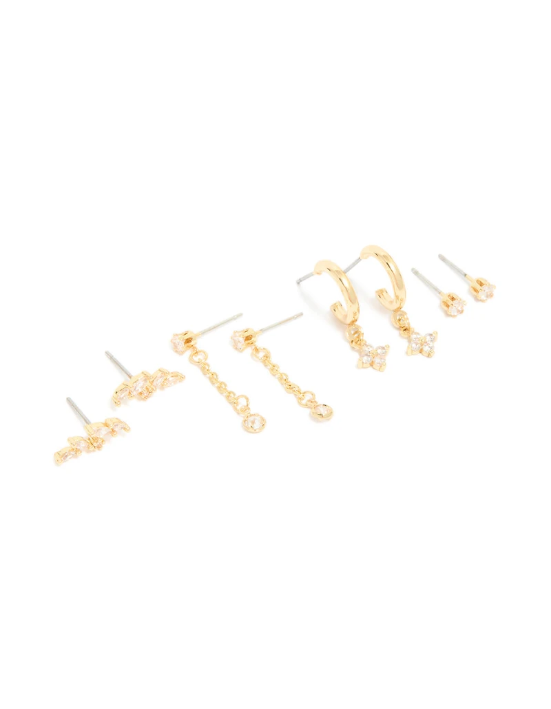 Gold Plated Brass Cubic Zirconia Vine Crawler & Chain Earrings 4-Pack