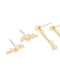 Gold Plated Brass Cubic Zirconia Vine Crawler & Chain Earrings 4-Pack