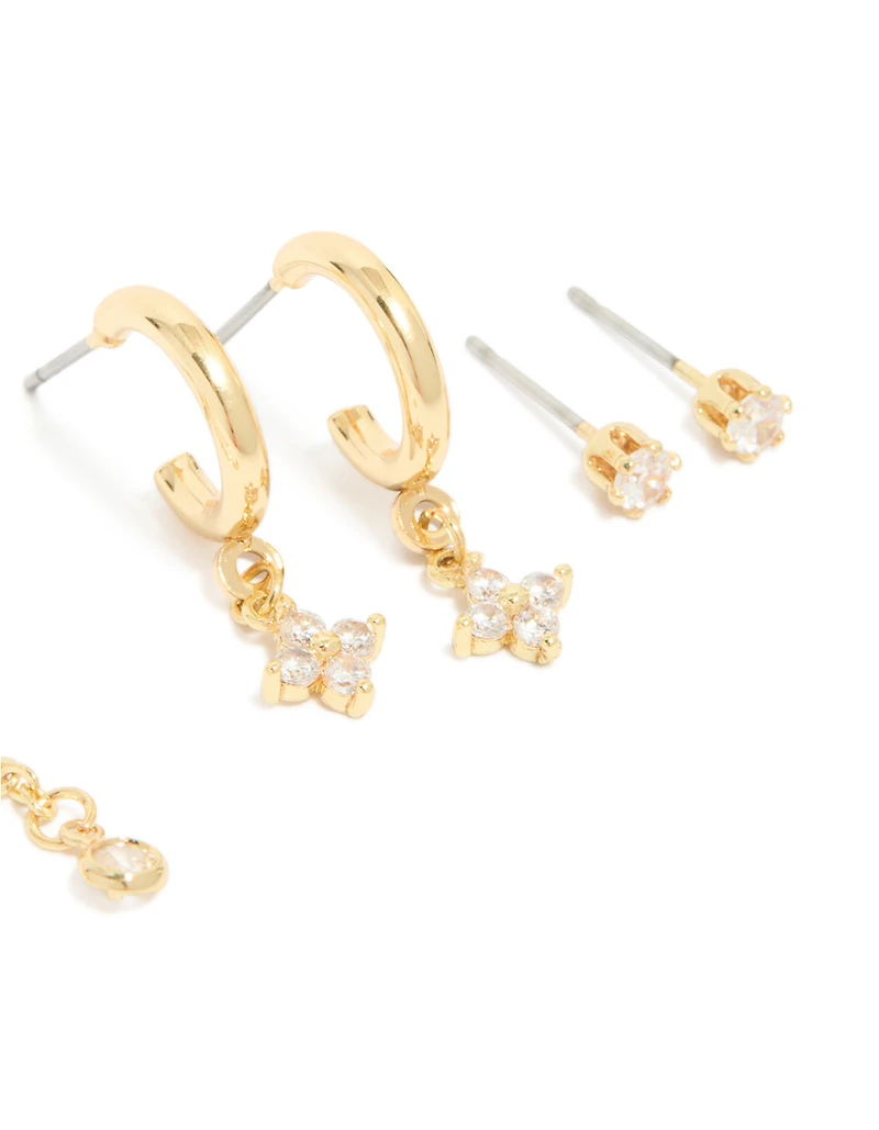 Gold Plated Brass Cubic Zirconia Vine Crawler & Chain Earrings 4-Pack