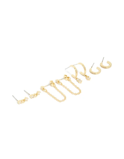Gold Plated Brass Double Diamante Hoop & Stud Earrings 4-Pack
