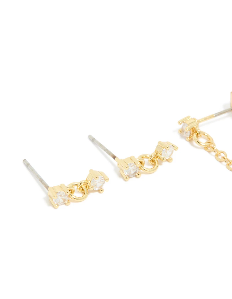 Gold Plated Brass Double Diamante Hoop & Stud Earrings 4-Pack